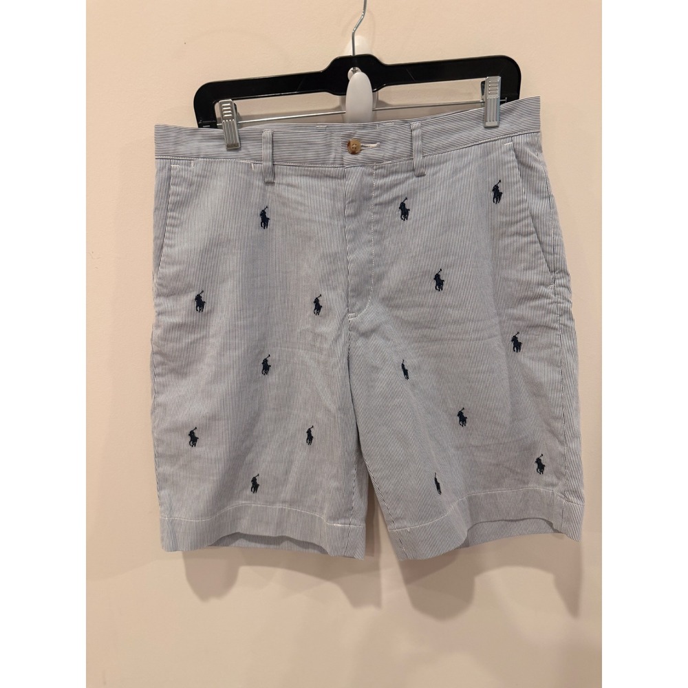 Polo Ralph Lauren Mens 32 Seersucker Shorts Blue White Striped Pony Embroidered